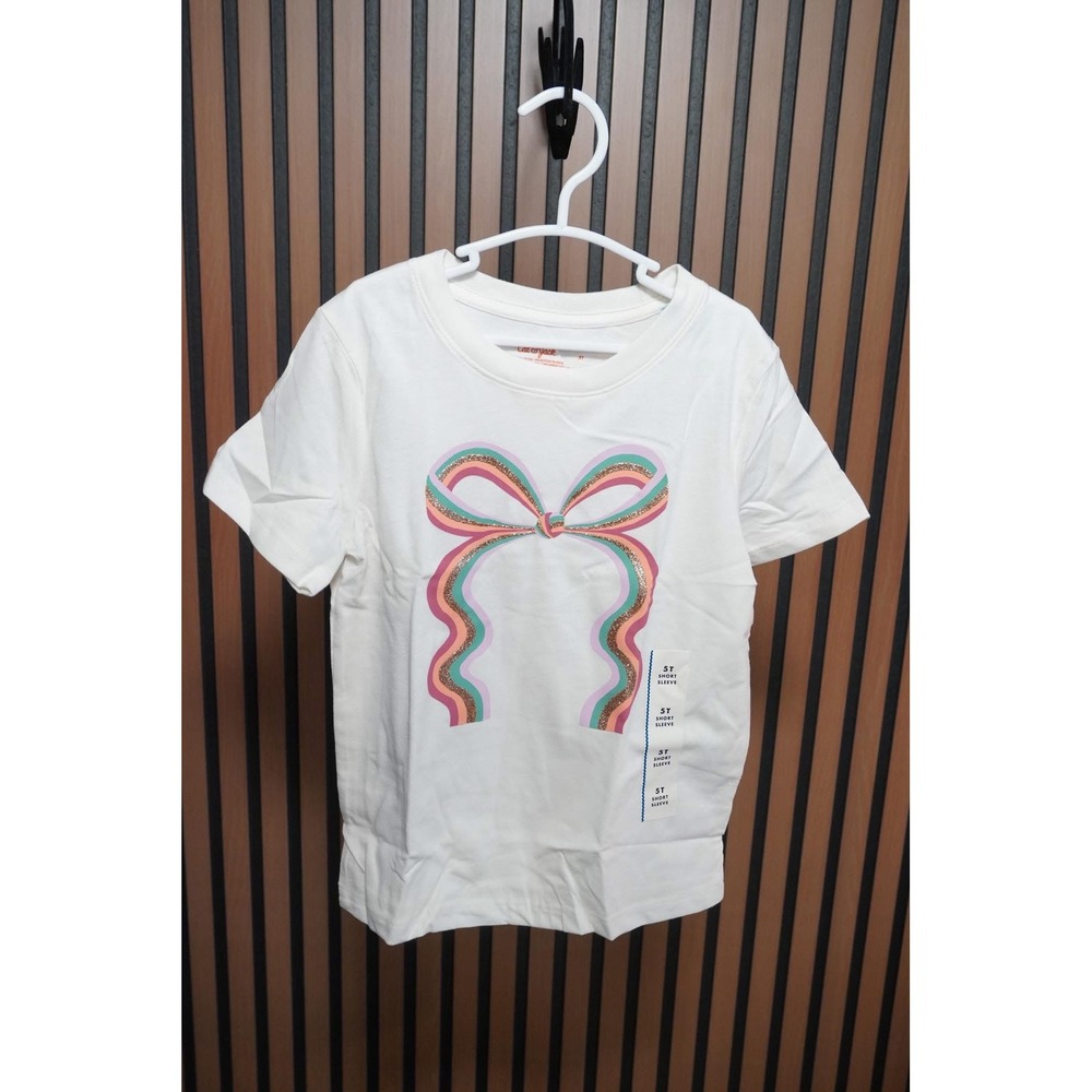 Cat & Jack Girls 5T White Short Sleeve Rainbow Glitter Bow Graphic Tee Shirt NWT